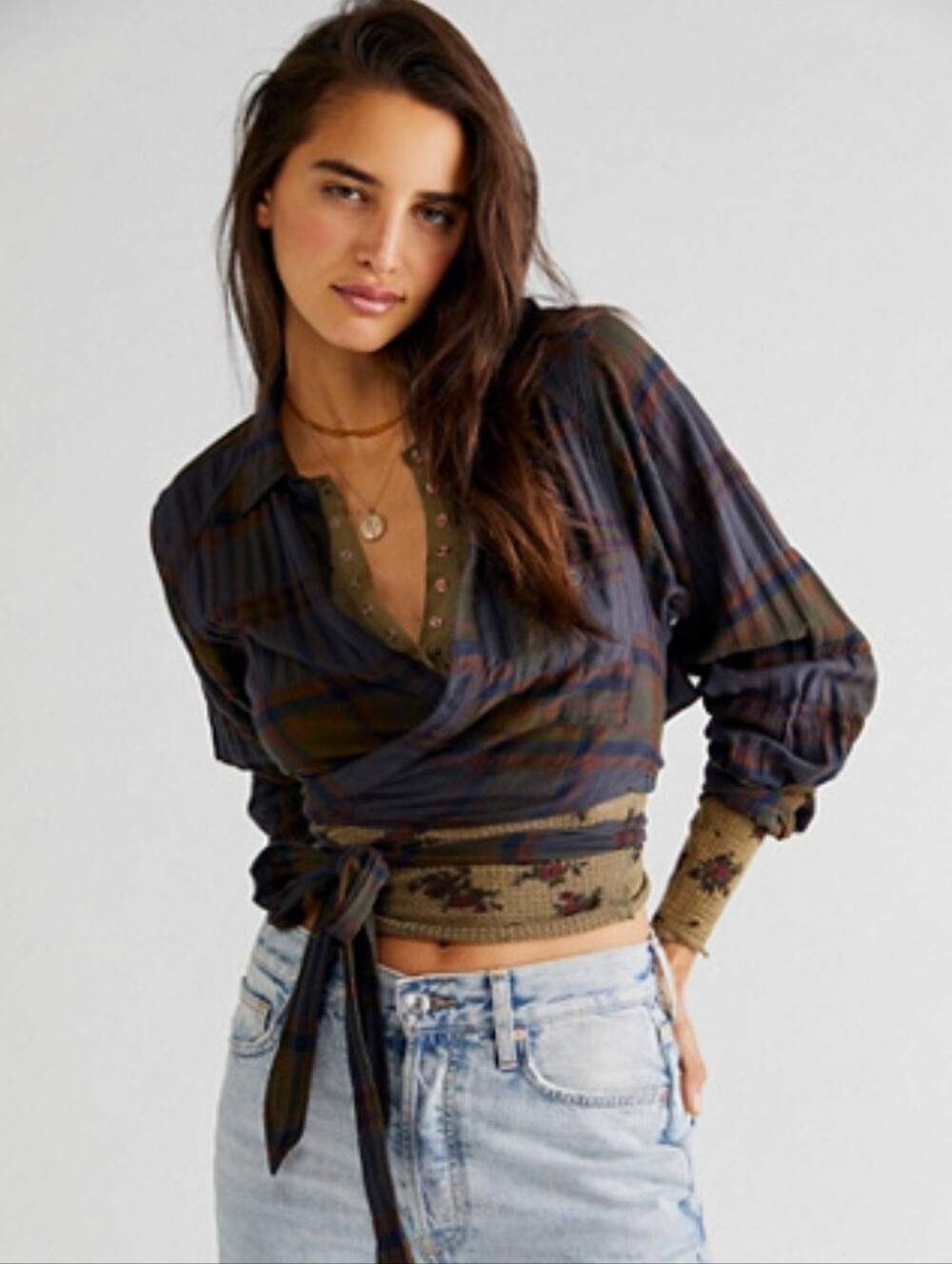 Free People One Way Plaid Wrap Top